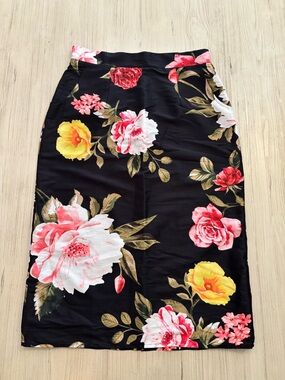 Eshakti Black Floral Pencil Skirt with Pink & Yellow Blooms